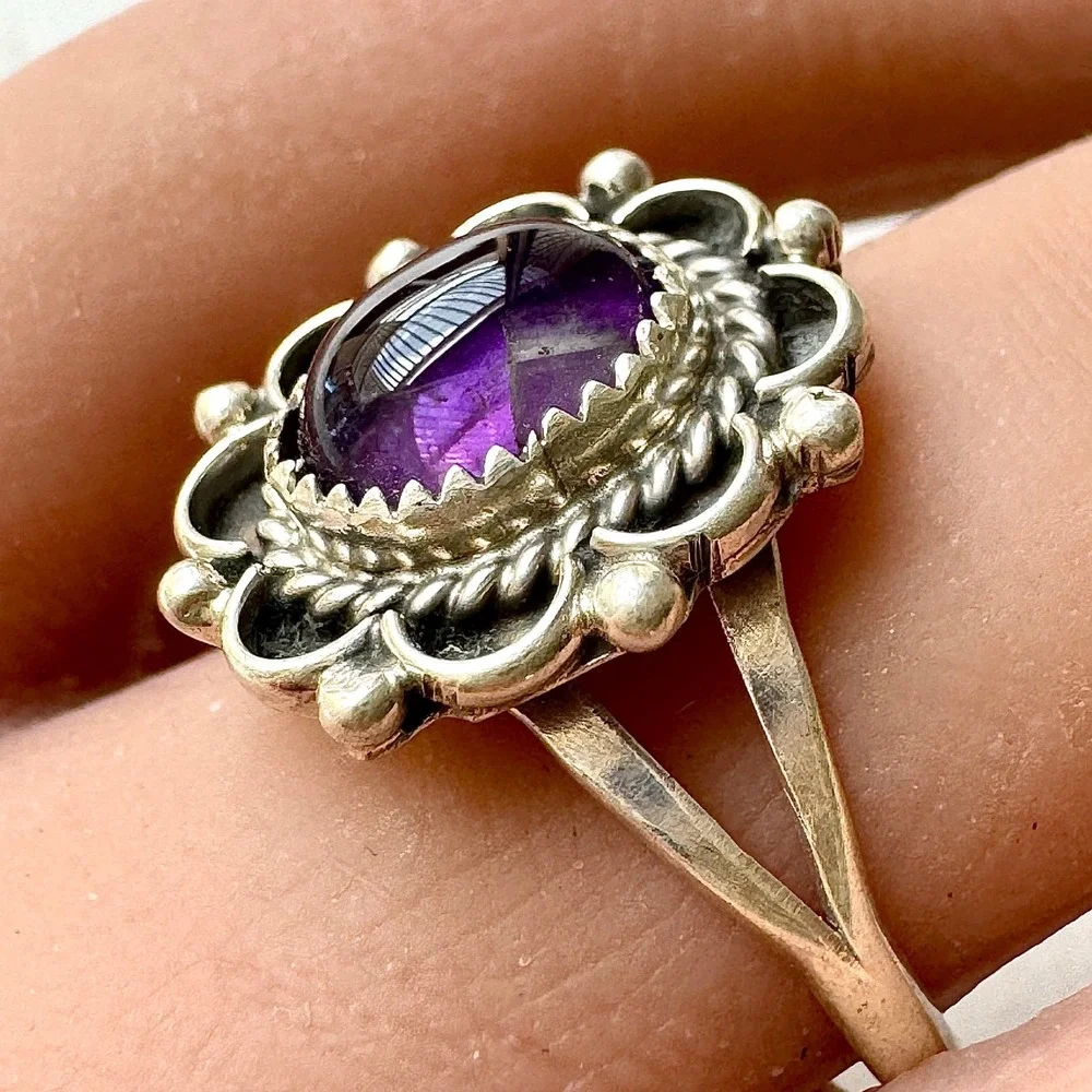 Navajo Flower Ring Purple Amethyst Sz 9.5 Sterling Silver Native Signed Morgan